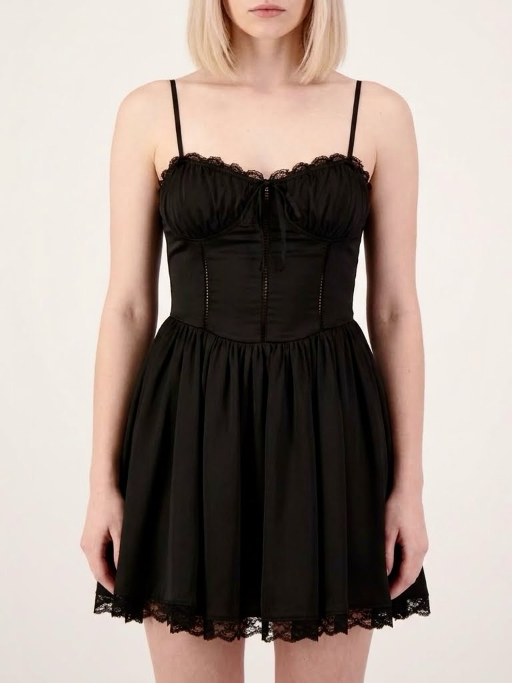 Witchy Black Lace Corset Pleated Dress Lace Hem Whimsigoth Halloween Dark Fairy
